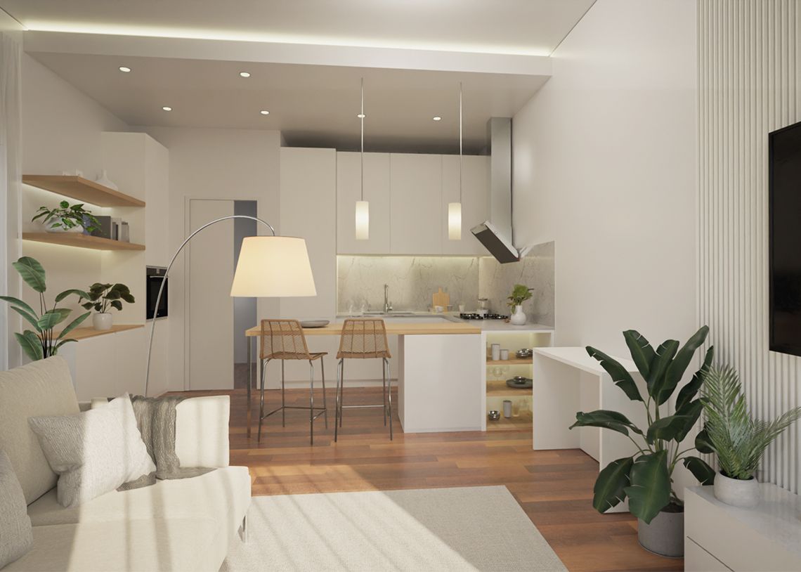 Casa ELIVI, render della cucina con elementi classici e contemporanei
